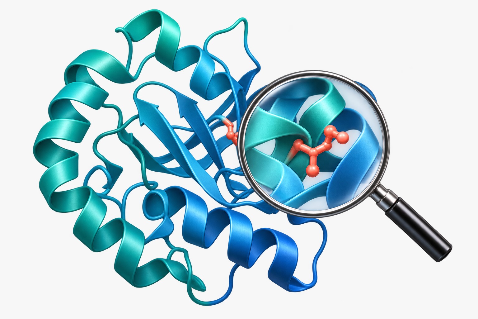 Protein structure with a magnifying glass on a variant residue